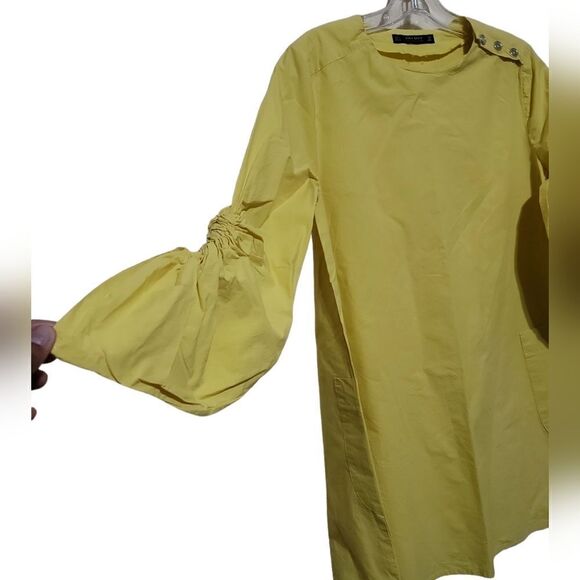 Zara Yellow Tunic Dress Shirt With Ruched Sleeves & Pockets Women's Size Small - Picture 4 of 9